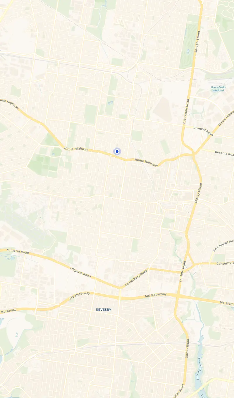 Map of the Yagoona service area and the surrounding suburbs we cover.