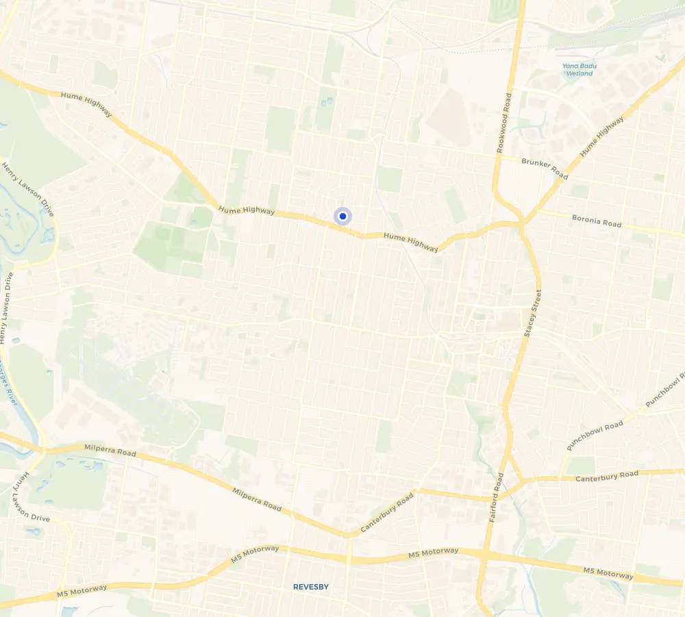 Map of the Yagoona service area and the surrounding South West, showing Yagoona and the nearby streets we cover.